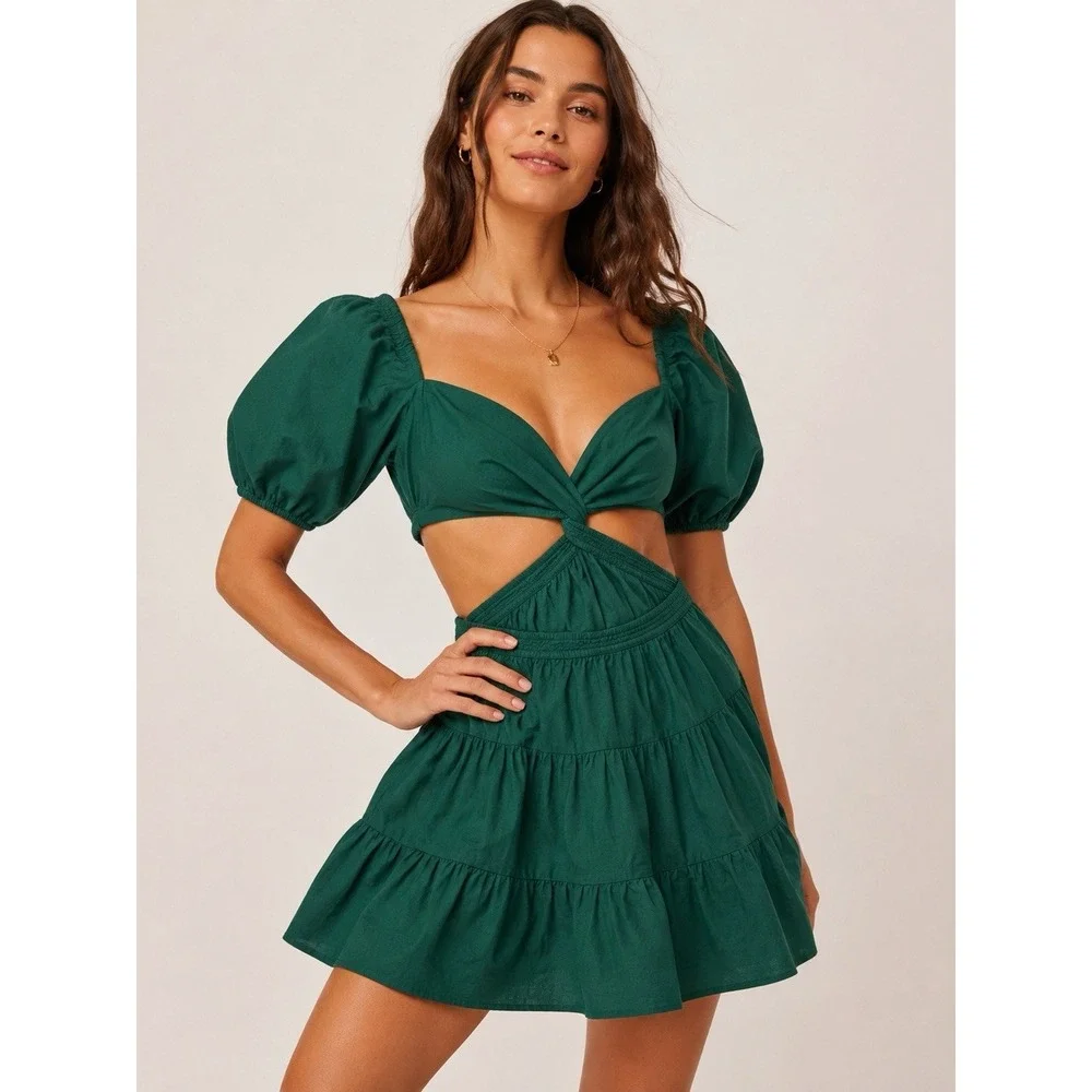 Free People Holly Mini Dress Green Cutout Puff Sleeve Tiered NWT Size M
